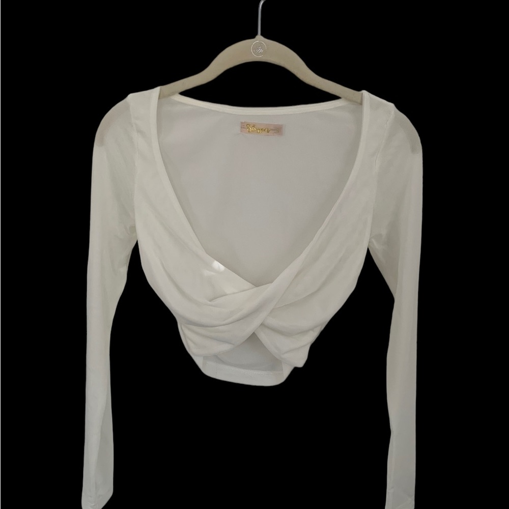 Blossom Mesh Long Sleeve Twist Front Crop Top